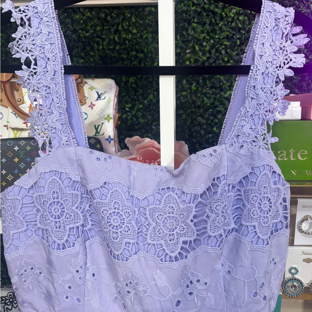 Just Me Lilac Lavender Eyelet Lace Midi 3 Tiered Dress - Picture 10 of 13